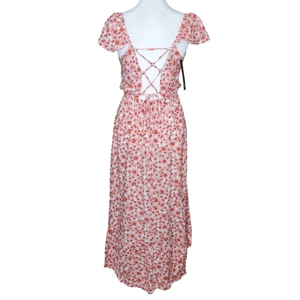 As U Wish Pink Floral High-Low Tie-Back Flutter Sleeve Dress Junior's Small NWT